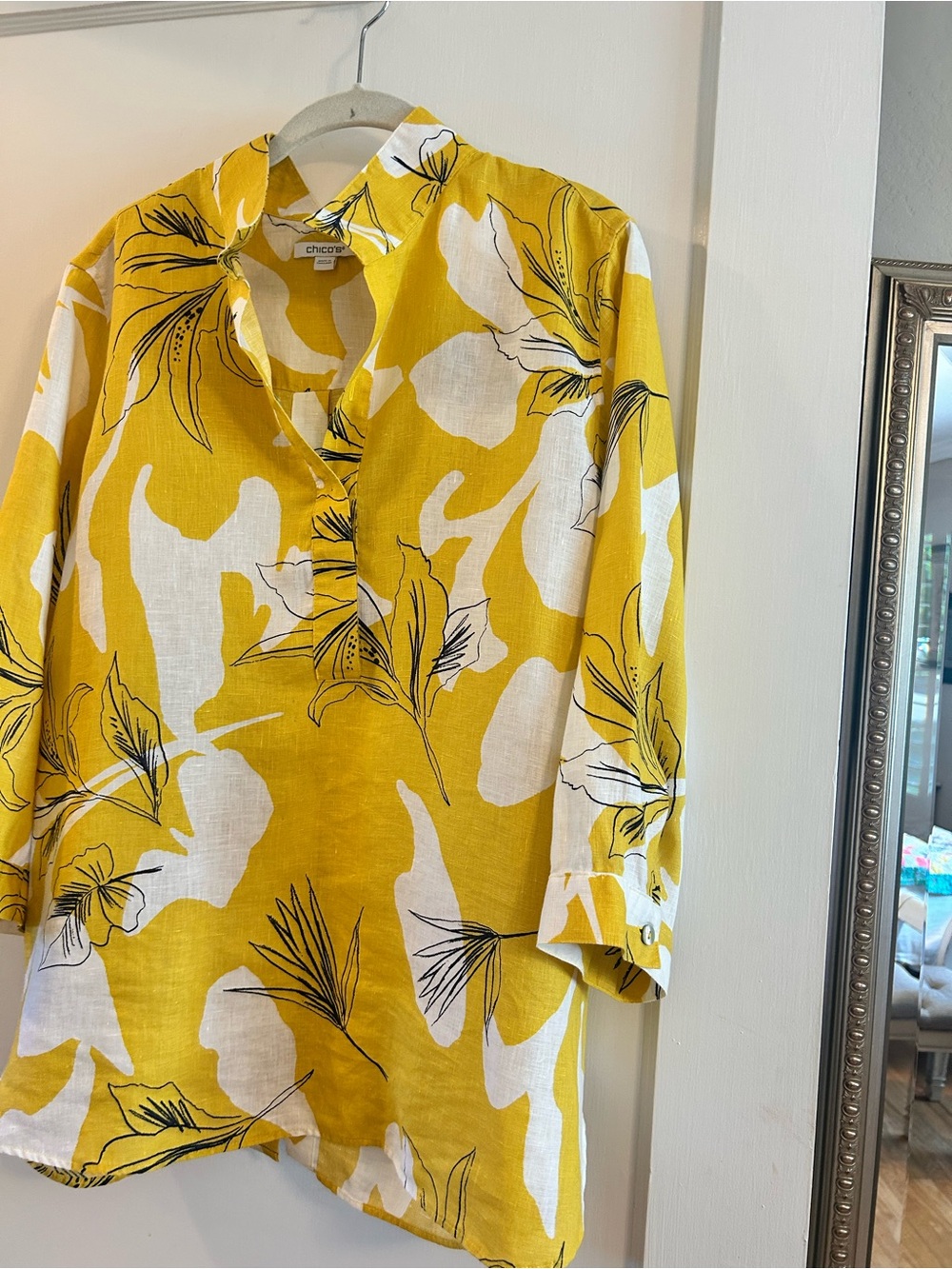 Chico's Yellow and White Floral Split-Neck Blouse